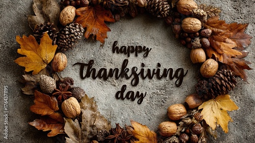 “Happy Thanksgiving Day” Text Composed of Leaves, Nuts, and Acorns on Gray Background — Circular Frame, High-Resolution Autumn Colors, Warm Palette for Holiday Greeting Cards, Social Media