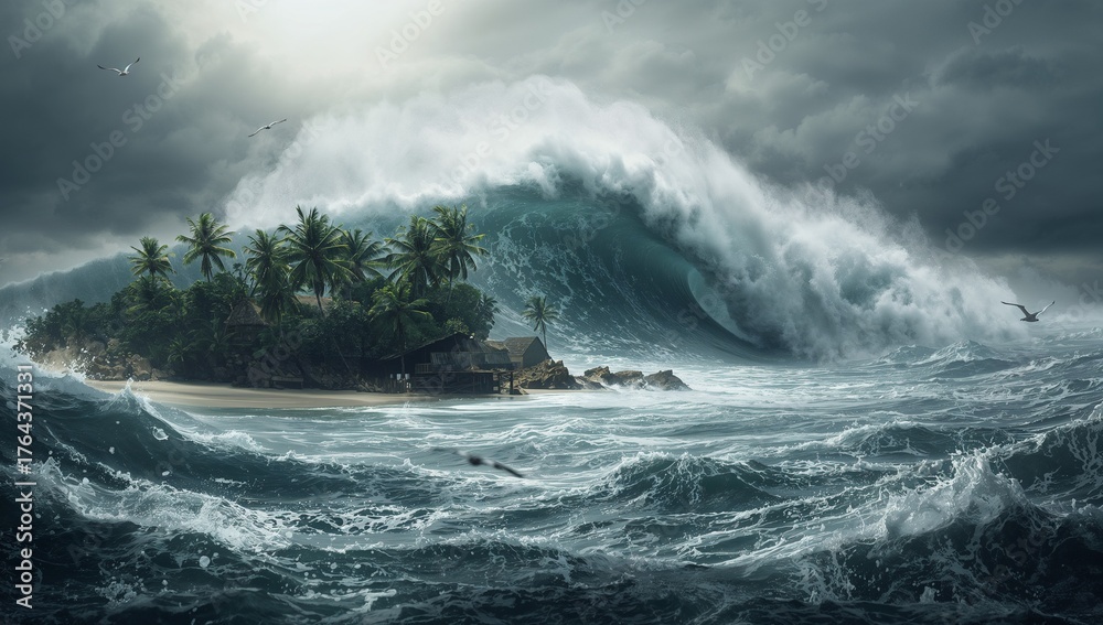 Naklejka premium Towering wave looming over tropical coast, with palm-fringed huts, rocky sandy shore and seabirds