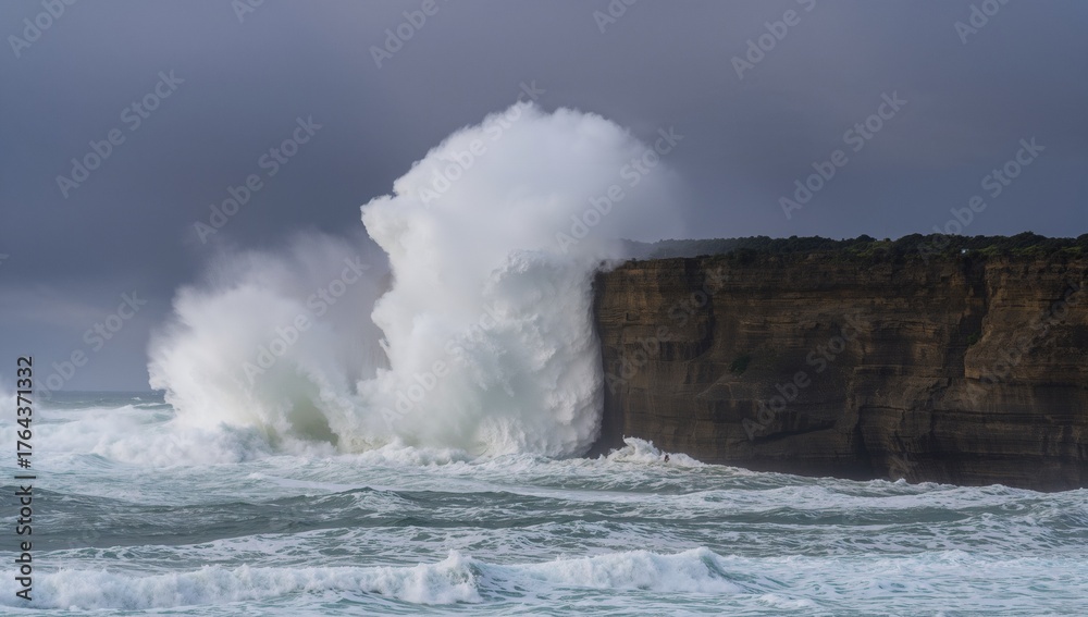 Obraz premium Crashing wave hitting rocky cliff at coast under gray sky, with foam-topped sea and white spray