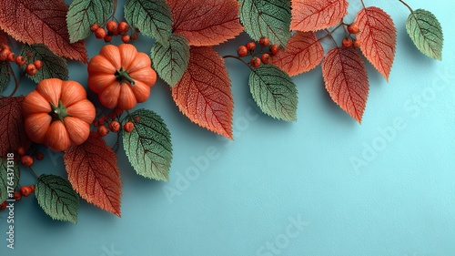 Autumn Background with Pumpkins and Leaves on Light Blue Table — Top View Flat Lay for Halloween or Thanksgiving Celebration, 2/3 Text Space, High-Resolution Seasonal Stock Design