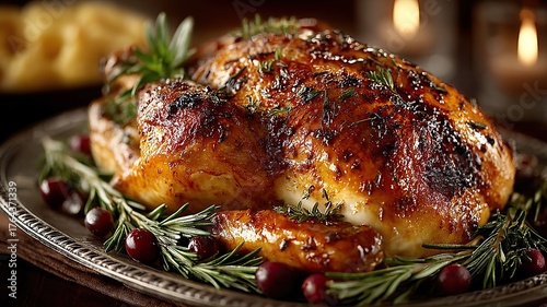 Exquisite Golden-Brown Whole Turkey on Elegant Platter with Side Dishes and Garnishes — High-Resolution Food Styling Photography, Sharp Focus, Perfect for Holiday Advertising, Festive Promotion