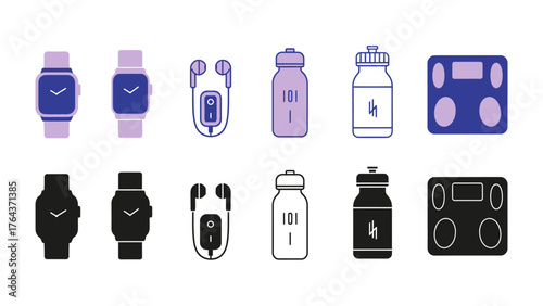Health and Fitness Essentials: An assortment of health and fitness tools, including smartwatch, earphone, supplement bottle and weight scale, embodies wellness and well-being.
