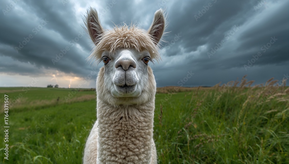 Obraz premium Standing light brown llama gazing across green pasture, with stormy sky overhead