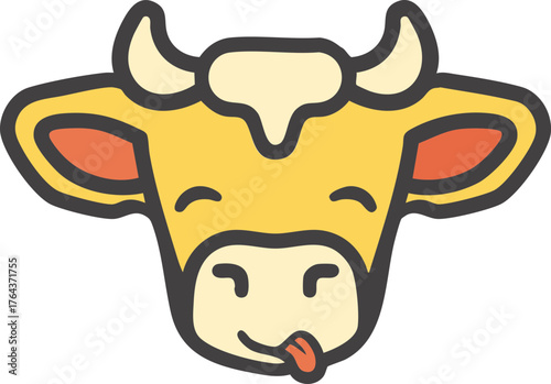 Cute cow head cartoon vector icon with horn and ear detail on white background