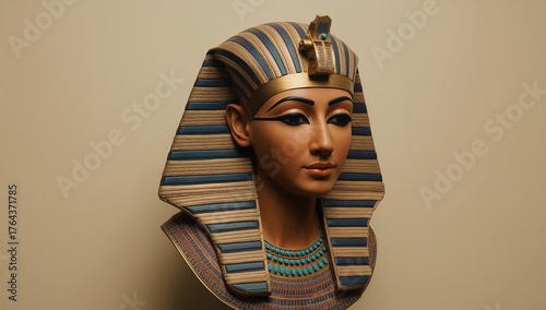 Displaying pharaoh bust gleaming blue-gold nemes and cobra uraeus in gallery, with turquoise collar