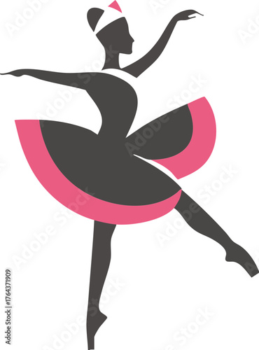 Ballet dancer silhouette with pink tutu in graceful arabesque pose