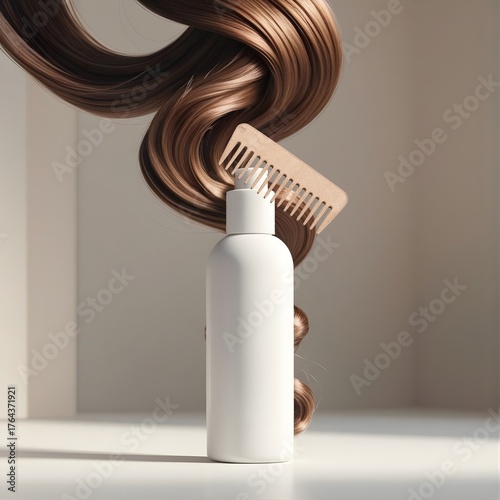 Elegant Hair Care Product with Flowing Shiny Hair and Wooden Comb on Minimalist Background
