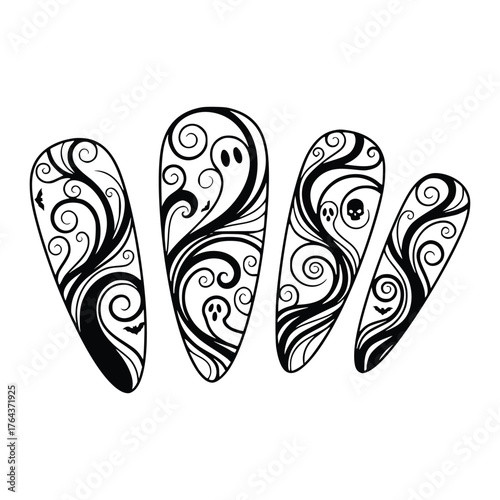 Vector art of set of black and white halloween nails with ghost for nail art design