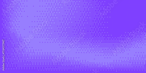 Purple checkered halftone pattern with smooth pixel gradient gradation from light violet to deep purple colors. Abstract digital texture background. Modern square dotted overlay composition.