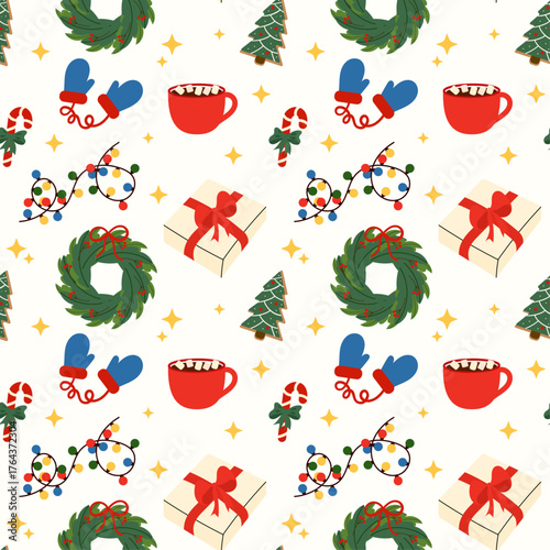 Seamless Christmas pattern with wreath, gifts, mittens, cocoa mug, garland, candy canes and gingerbread. Cozy festive design perfect for wrapping paper, textiles, cards and wallpapers.