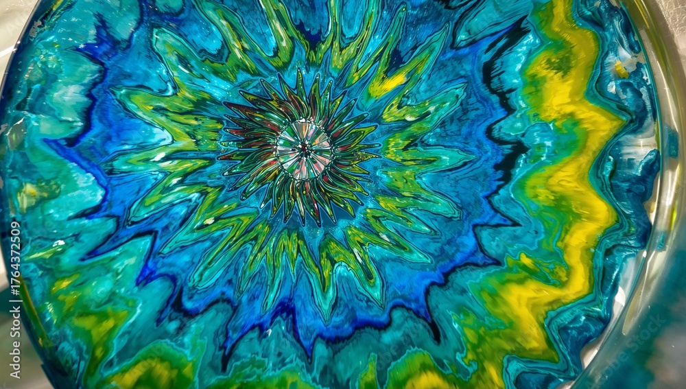 Naklejka premium Displaying circular abstract resin artwork in metallic tray at art workspace, with colorful bursts