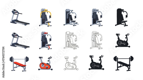 Fitness Equipment Variety: Diverse collection of fitness machines including treadmills, weightlifting benches, and stationary bikes. Showing multiple machine options in various styles and depictions.