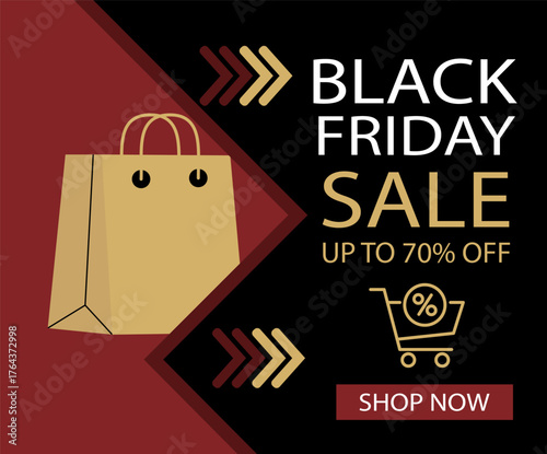 Vector banner for the Black Friday sale with discounts up to 70%. Dark banner with an image of a bag and text.