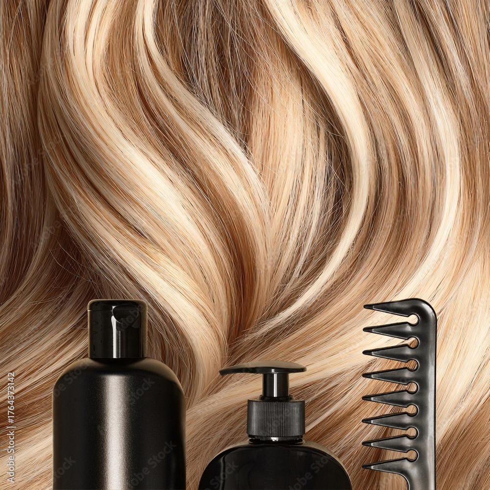 Fototapeta premium Hair Care Products and Comb on Blonde Hair Background. Perfect for showcasing shampoo, conditioner, hair treatment, or salon product branding.