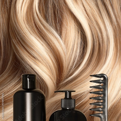 Hair Care Products and Comb on Blonde Hair Background. Perfect for showcasing shampoo, conditioner, hair treatment, or salon product branding.