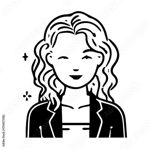 A woman with curly hair is smiling. She is wearing a black jacket and a white shirt