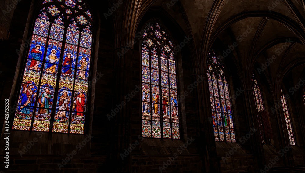 Fototapeta premium Gothic stained glass windows casting colored light in medieval cathedral, highlighting columns