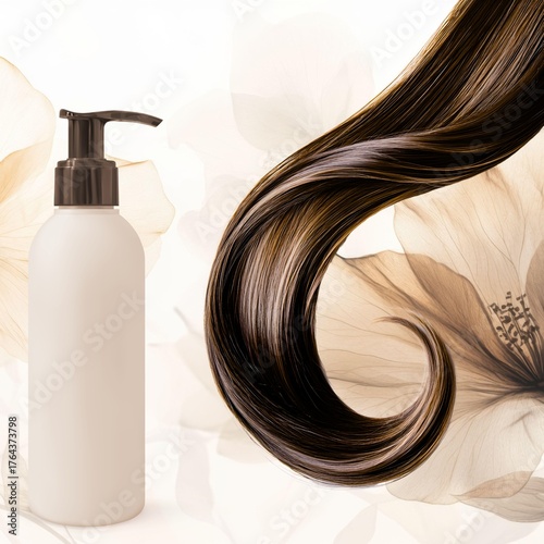 Hair Care Product Bottle with Shiny Brown Hair and Floral Background.