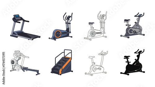 Diverse Gym Equipment Set: A detailed illustration showcasing a diverse selection of gym equipment, designed for various fitness routines and cardio exercises.