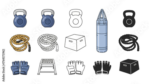 Fitness Equipment Array: A vibrant array of fitness equipment, from kettlebells to ropes and gloves, ready for exercise. This set captures the essence of a dedicated workout space. 