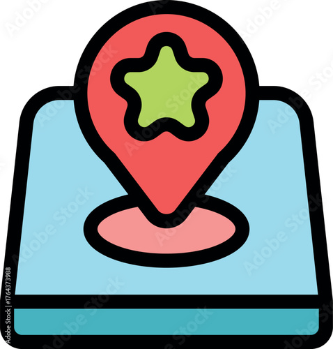 Red location pin with a star marking a special place on a digital map, indicating a point of interest, favorite spot, or recommended destination
