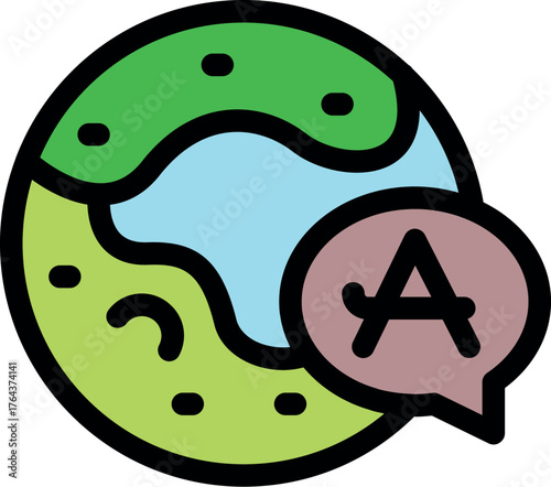 Stylized earth with a speech bubble containing the letter a representing global communication, translation, and language learning