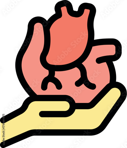 Hand holding heart, health and cardiology symbol of love and care