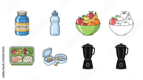 Healthy Choices: A vibrant composition of wellness and nutrition elements including fresh fruit, protein supplements, and meal prep essentials.