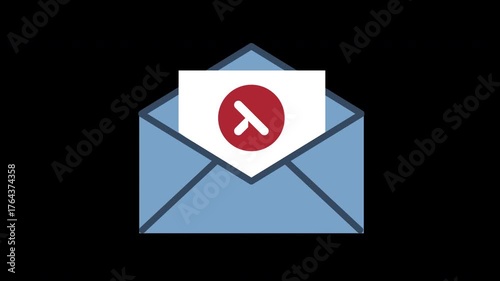 Rejected checkmark on failed email delivery icon in cartoon animation. Error mail notification symbol and confirmation sign. Digital marketing validation and newsletter verification