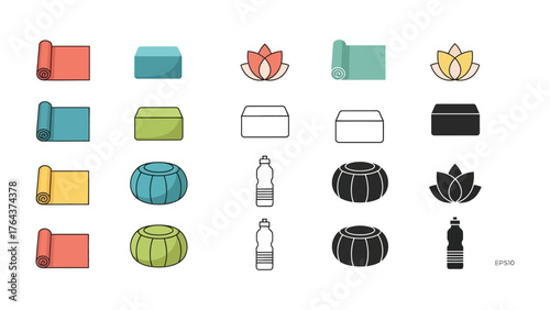 Yoga and Relaxation Items: A vibrant collection of yoga mats, serene water bottles, and lotus flowers, symbolizing tranquility and well-being, is meticulously presented in a neatly organized.