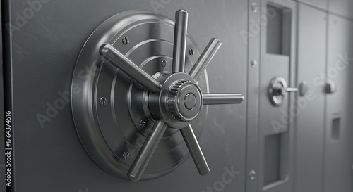 Close-up of a heavy steel vault door with a combination lock.