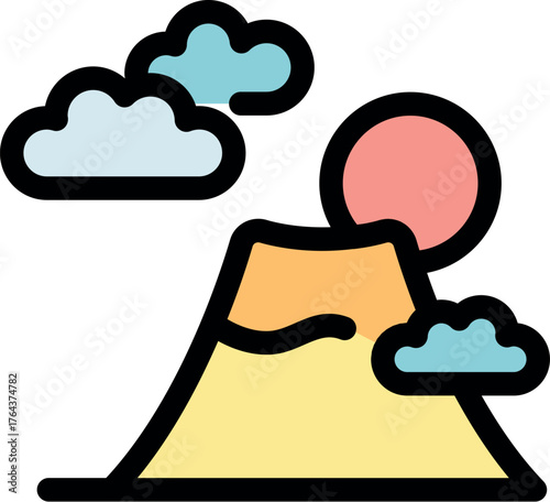 Minimalist vector illustration of mount fuji, a famous japanese landmark, with sun and clouds