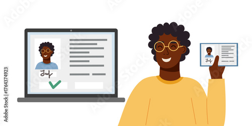 Man showing a personal id document and laptop screen with personal information. Vector flat clipart. Concept of identity, official document, verification, passport or ID check and personal data.