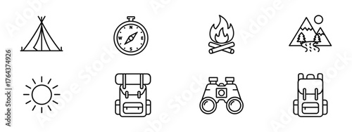 Line drawings of camping objects like a tent and backpack, suitable for outdoor and adventure themed designs.