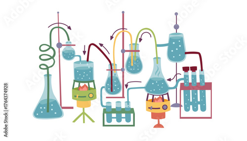Colorful chemistry lab setup. Flat style scientific equipment illustration. Interconnected flasks, beakers, test tubes and burners.