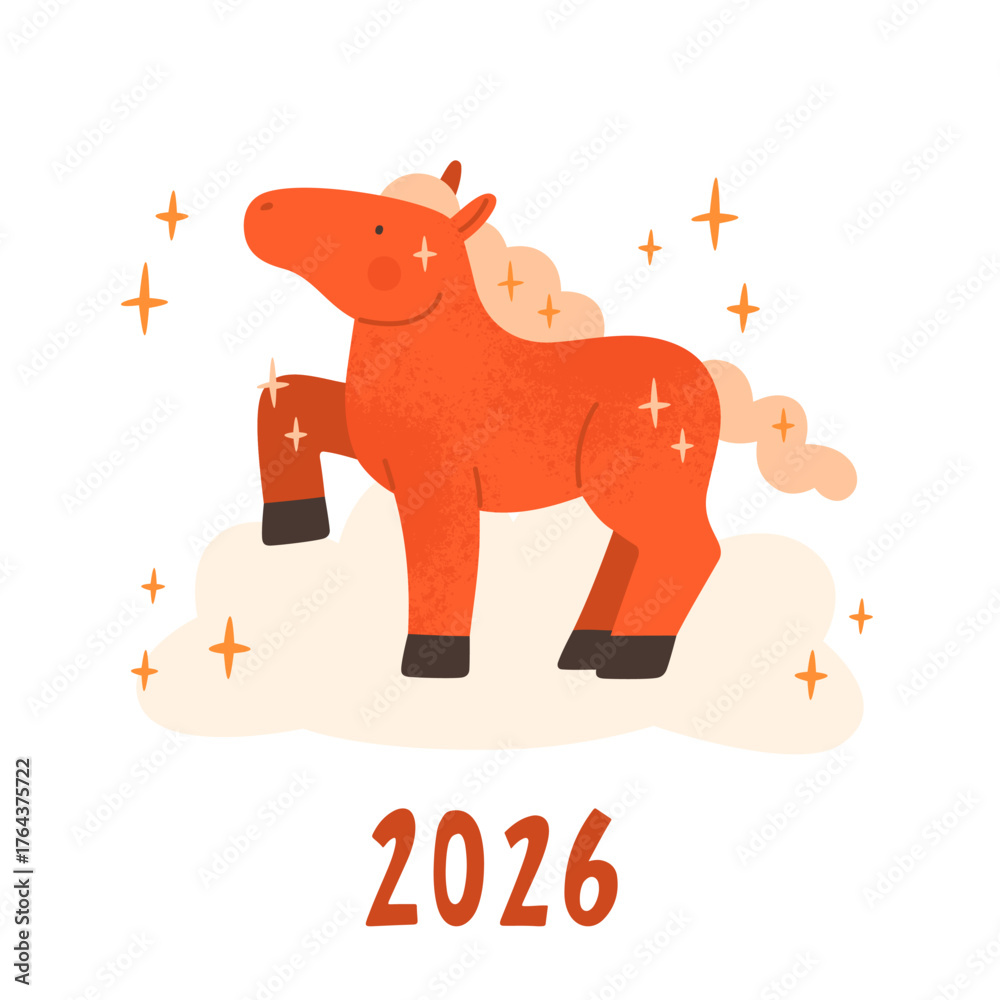Obraz premium Chinese calendar New Year symbol. Vector cute red cartoon horse and stars illustration. Happy New Year greeting card, banner template. 2026 Year of the Horse.