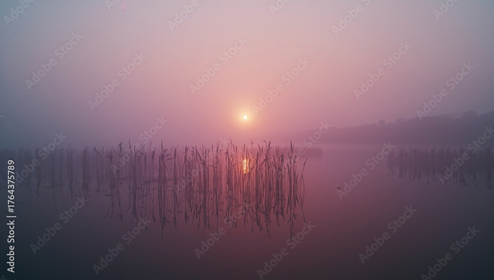 Fototapeta premium Rising sun casting pink and purple hues over lake at dawn, with reed clusters, reflection