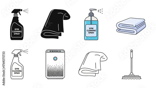 Essential Cleaning Supplies: a collection of sanitation necessities. The image shows a set of cleaning items, ideal for maintaining a sanitary environment. 