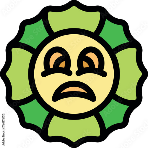 Sad sun character with green petals showing disappointment
