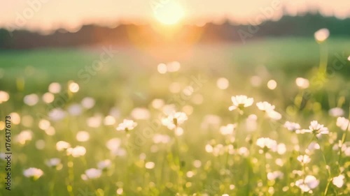 Spring Meadow Flowers Swaying at Sunset