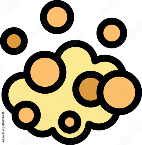Cartoon yellow sponge absorbing cleaning bubbles creating foam, suitable for cleaning products