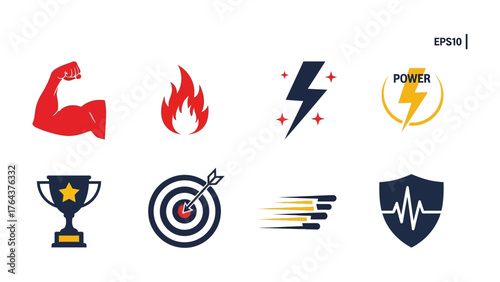 Abstract Symbols of Power and Achievement: A striking illustration showcases diverse icons, each representing strength, energy, precision, and triumph. It visually encapsulates the essence of power.