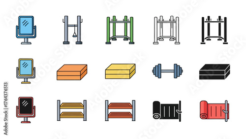 Gym Equipment Variety: An array of fitness tools, including mirrors, weightlifting stations, parallel bars, a dumbbell, mat and benches and rolls, are presented on a clean background.