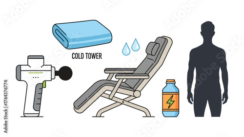 Recovery Tools for Wellness: An array of tools symbolizing health and wellness, showcasing a chair for rest, massage gun, a refreshing drink, cold towel, and a human silhouette.