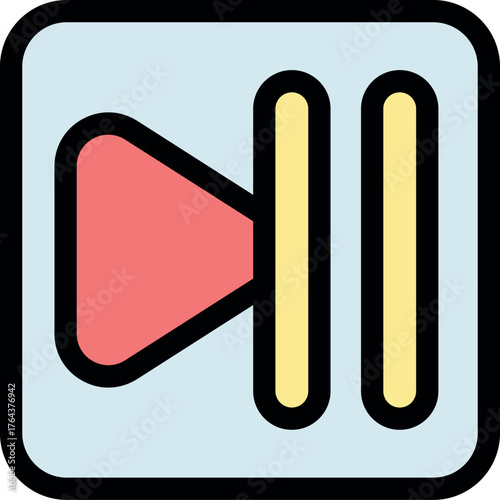 Red and yellow pause button on a light blue rounded square background, symbolizing a temporary halt in audio or video playback