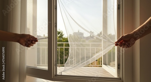 Hands carefully installing a white mosquito net on an open window frame.
