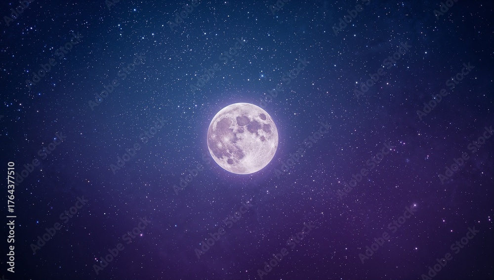 Fototapeta premium Full moon shining in open night sky with navy blue-purple gradient, with dense field of stars