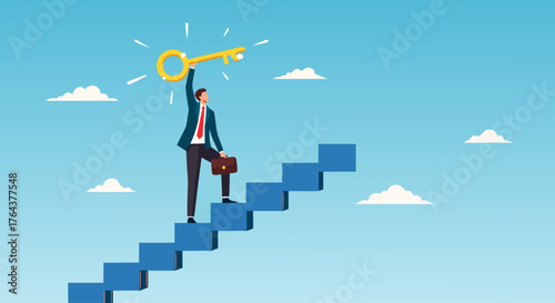Business professional on success stairs, holding golden key to unlock career growth and strategic opportunities; a conceptual vector for advancement and success