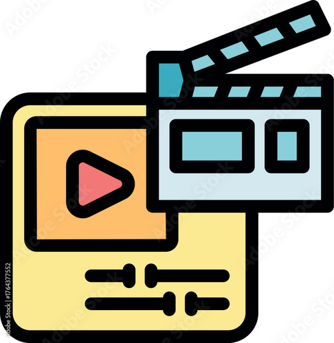 Post production process is depicted with video editing software, clapperboard and play button