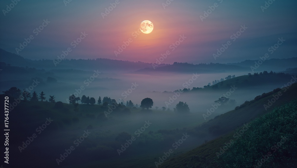 Fototapeta premium Shining full moon casting soft light over rural hills at night, with mist-filled valley
